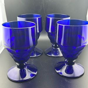 Vintage Cobalt Blue 10oz Georgian Honeycomb Water Glasses 5.5" x 3.25", set of 4